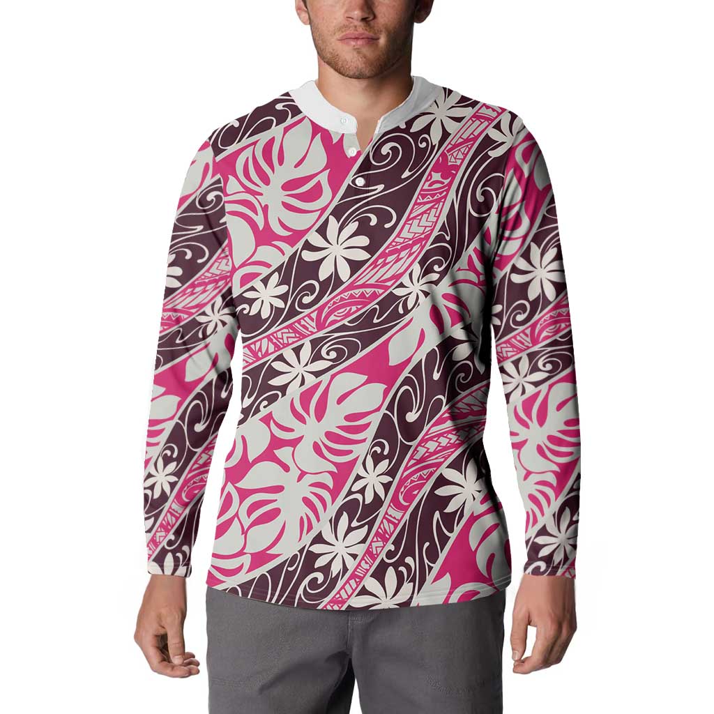 Tarona Tahiti Tiare Monstera Button Sweatshirt Polynesian Pattern Curve Style - Polynesian Pride