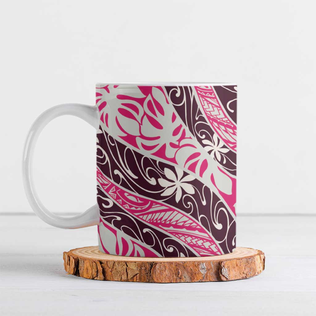 Tarona Tahiti Tiare Monstera Ceramic Mug Polynesian Pattern Curve Style - Polynesian Pride