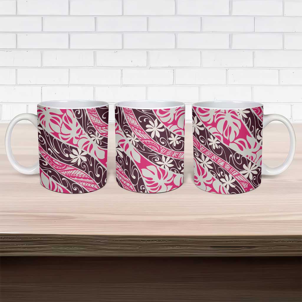 Tarona Tahiti Tiare Monstera Ceramic Mug Polynesian Pattern Curve Style - Polynesian Pride