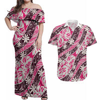 Tarona Tahiti Tiare Monstera Couples Matching Off Shoulder Maxi Dress and Hawaiian Shirt Polynesian Pattern Curve Style - Polynesian Pride