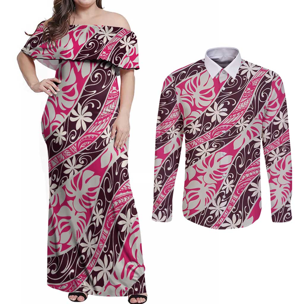 Tarona Tahiti Tiare Monstera Couples Matching Off Shoulder Maxi Dress and Long Sleeve Button Shirt Polynesian Pattern Curve Style - Polynesian Pride