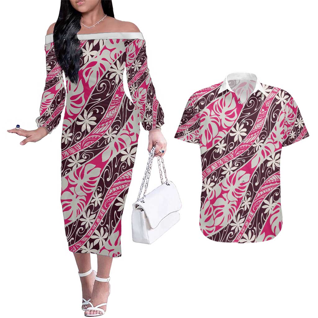 Tarona Tahiti Tiare Monstera Couples Matching Off The Shoulder Long Sleeve Dress and Hawaiian Shirt Polynesian Pattern Curve Style - Polynesian Pride