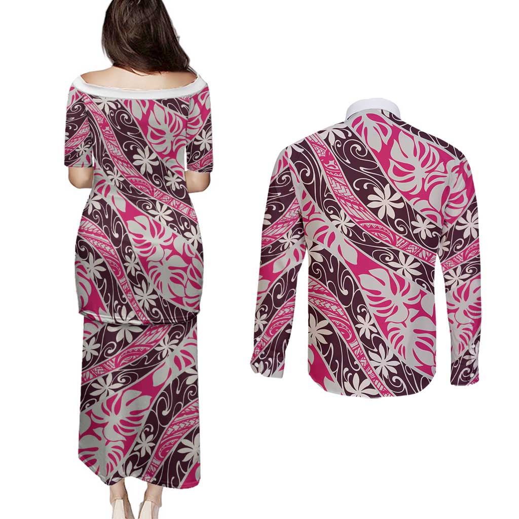 Tarona Tahiti Tiare Monstera Couples Matching Puletasi and Long Sleeve Button Shirt Polynesian Pattern Curve Style - Polynesian Pride