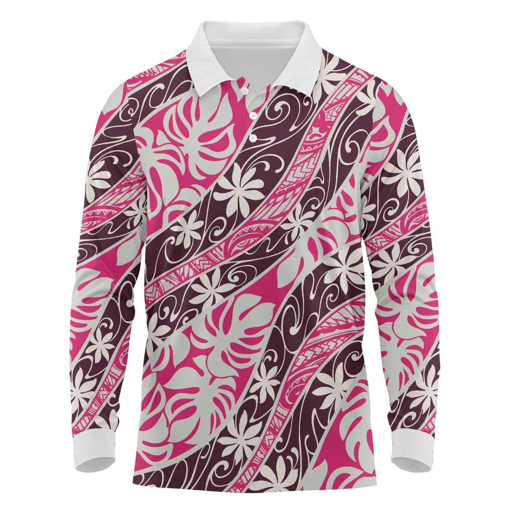 Tarona Tahiti Tiare Monstera Long Sleeve Polo Shirt Polynesian Pattern Curve Style - Polynesian Pride