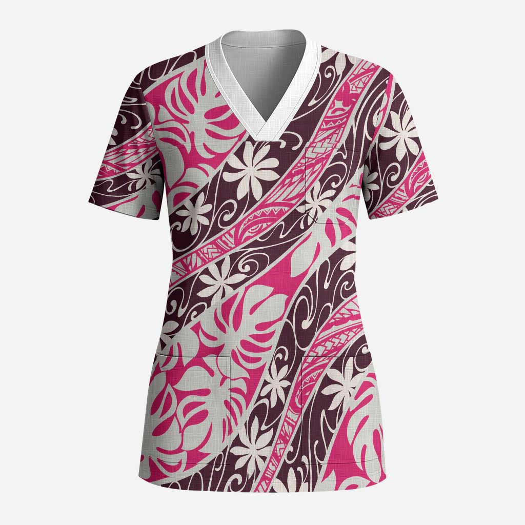Tarona Tahiti Tiare Monstera Scrub Top Polynesian Pattern Curve Style - Polynesian Pride