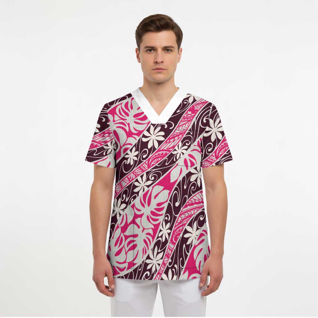 Tarona Tahiti Tiare Monstera Scrub Top Polynesian Pattern Curve Style - Polynesian Pride
