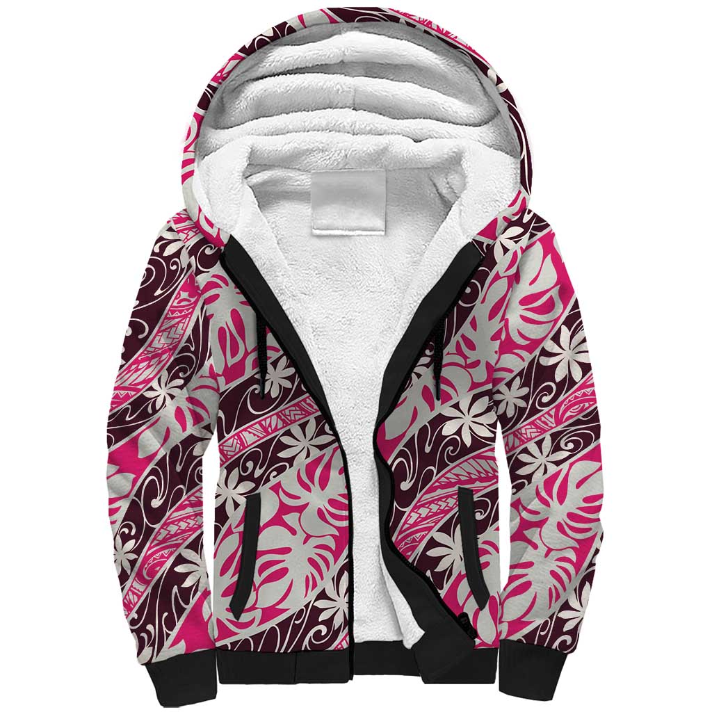 Tarona Tahiti Tiare Monstera Sherpa Hoodie Polynesian Pattern Curve Style - Polynesian Pride