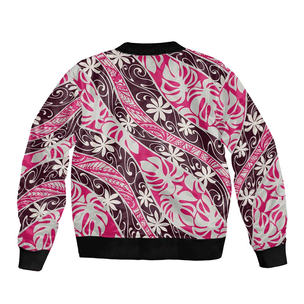 Tarona Tahiti Tiare Monstera Sleeve Zip Bomber Jacket Polynesian Pattern Curve Style - Polynesian Pride
