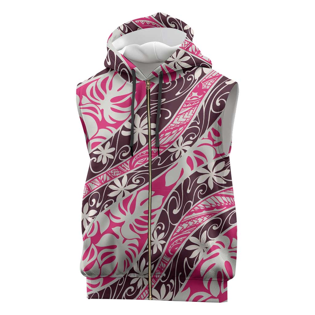 Tarona Tahiti Tiare Monstera Sleeveless Zip Hoodie Polynesian Pattern Curve Style - Polynesian Pride