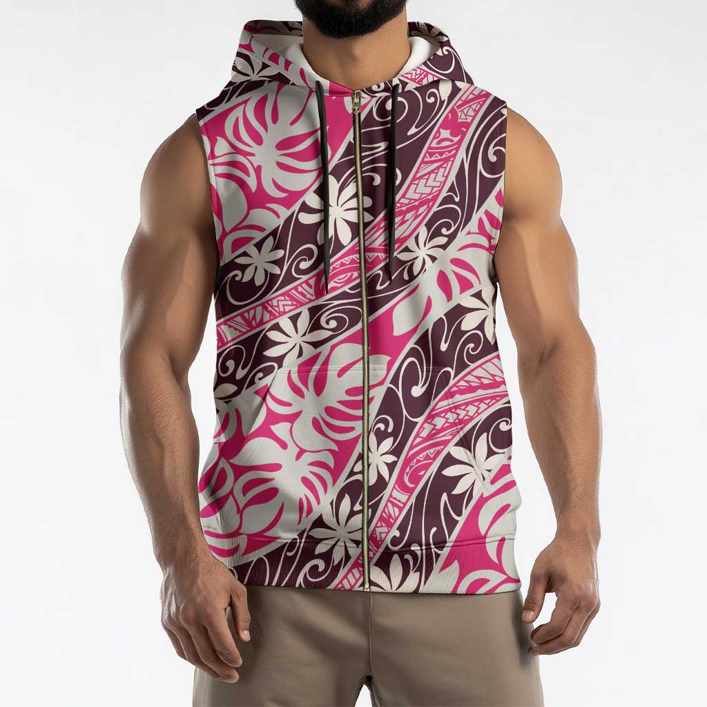 Tarona Tahiti Tiare Monstera Sleeveless Zip Hoodie Polynesian Pattern Curve Style - Polynesian Pride