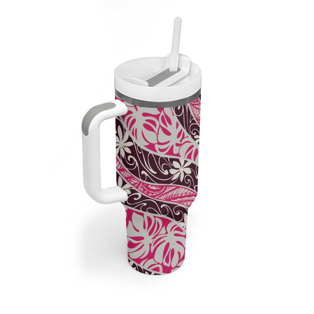 Tarona Tahiti Tiare Monstera Tumbler With Handle Polynesian Pattern Curve Style - Polynesian Pride