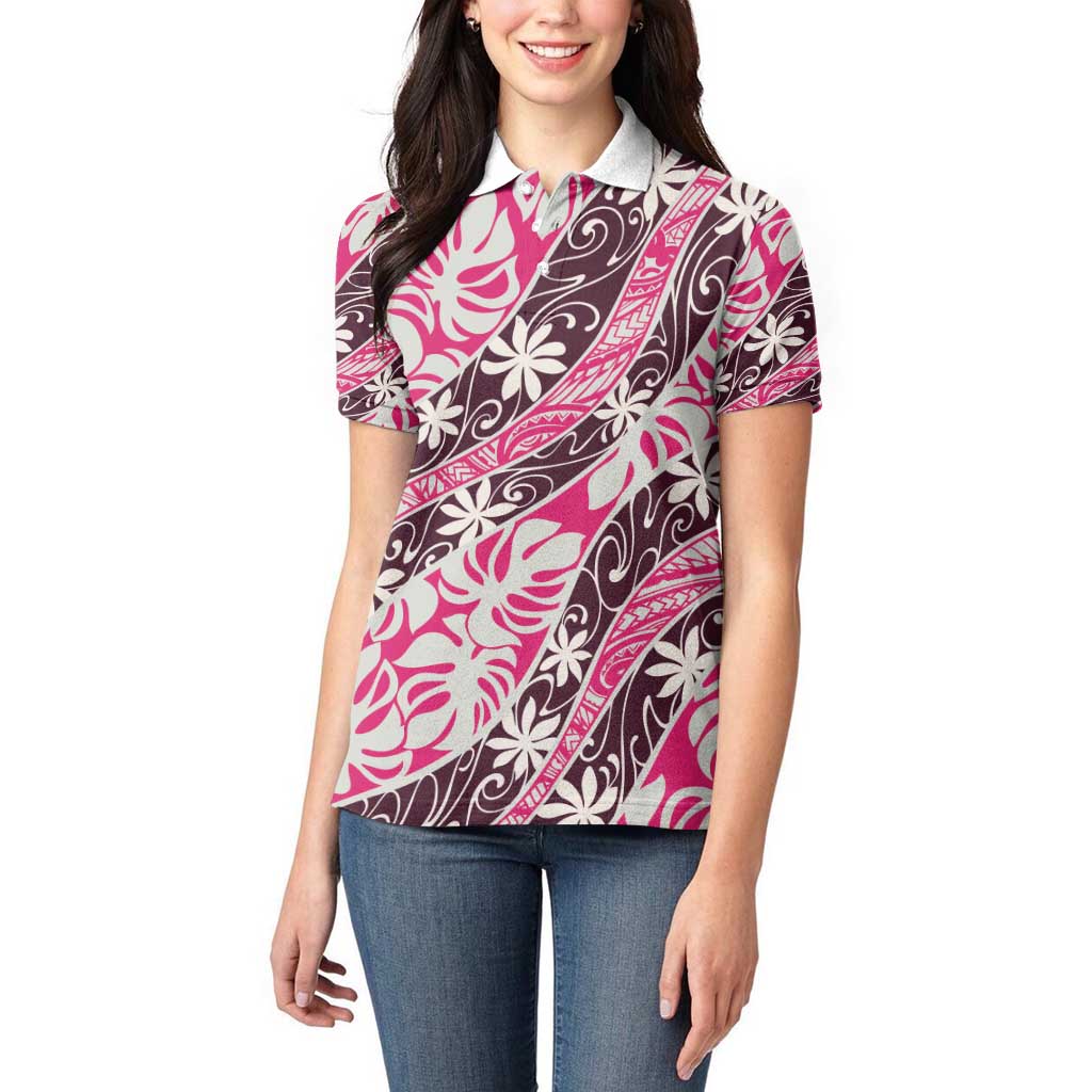 Tarona Tahiti Tiare Monstera Women Polo Shirt Polynesian Pattern Curve Style - Polynesian Pride