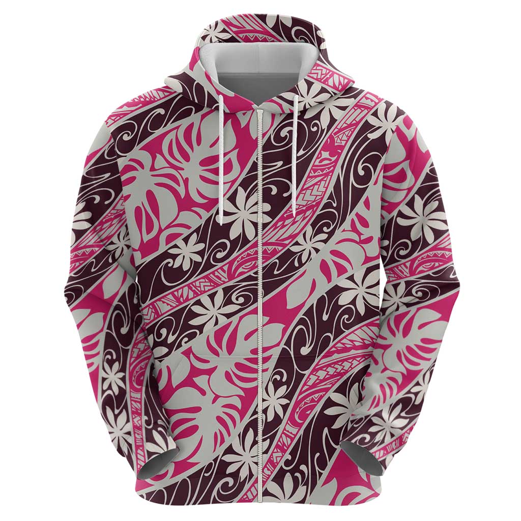 Tarona Tahiti Tiare Monstera Zip Hoodie Polynesian Pattern Curve Style - Polynesian Pride