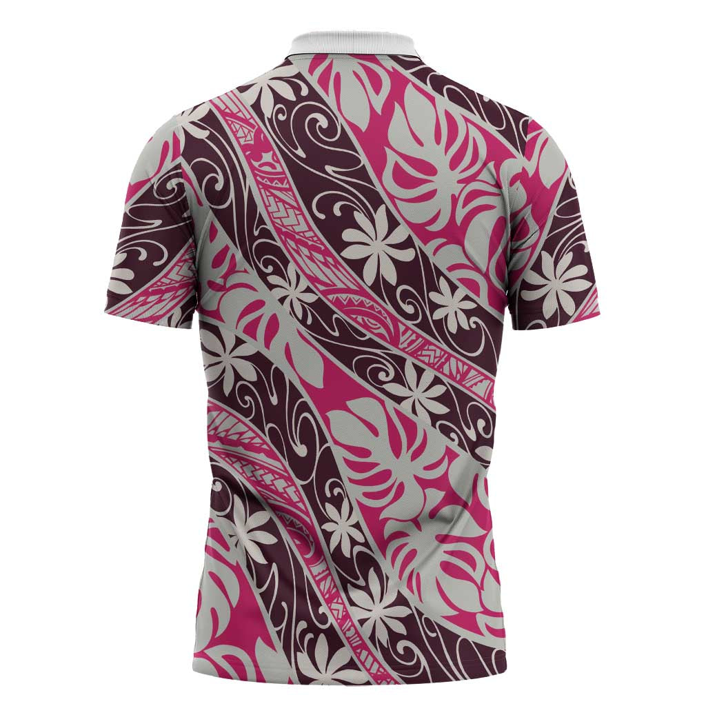 Tarona Tahiti Tiare Monstera Zipper Polo Shirt Polynesian Pattern Curve Style - Polynesian Pride