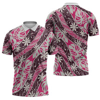 Tarona Tahiti Tiare Monstera Zipper Polo Shirt Polynesian Pattern Curve Style - Polynesian Pride