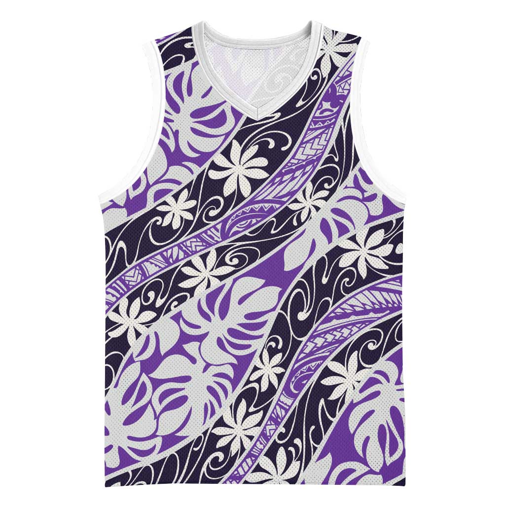 Vareau Tahiti Tiare Monstera Basketball Jersey Polynesian Pattern Curve Style - Polynesian Pride