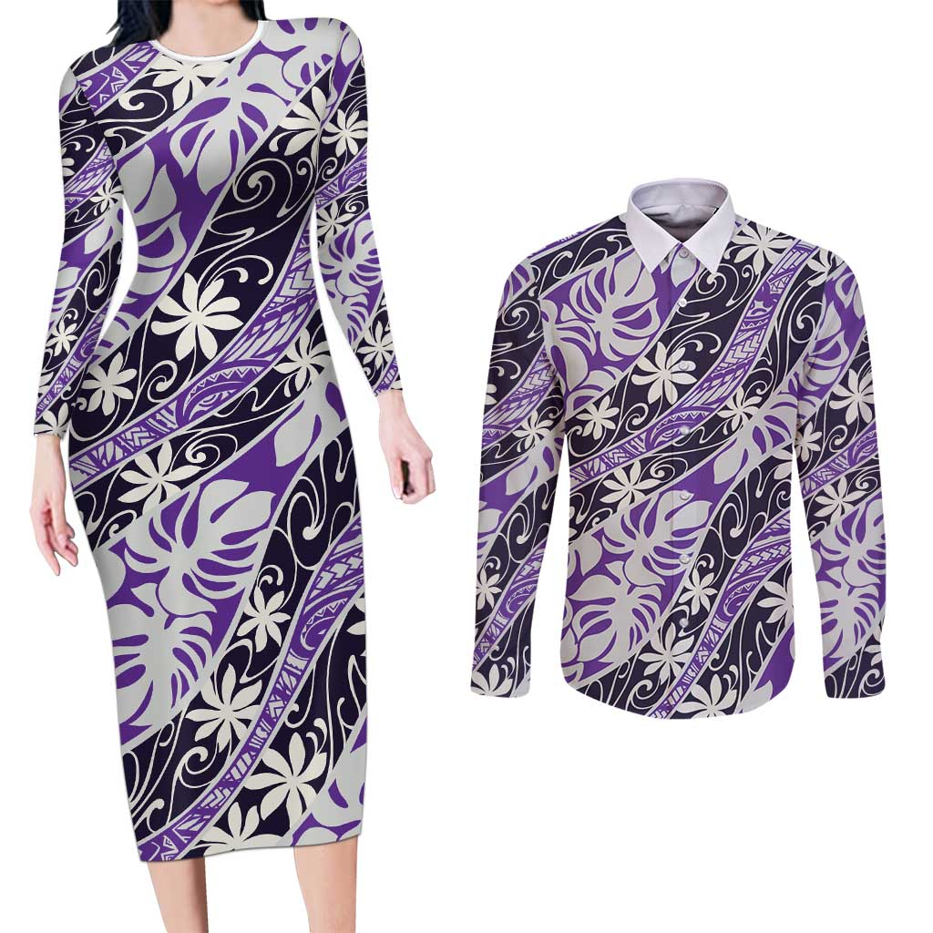 Vareau Tahiti Tiare Monstera Couples Matching Long Sleeve Bodycon Dress and Long Sleeve Button Shirt Polynesian Pattern Curve Style - Polynesian Pride
