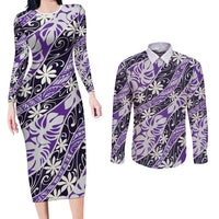 Vareau Tahiti Tiare Monstera Couples Matching Long Sleeve Bodycon Dress and Long Sleeve Button Shirt Polynesian Pattern Curve Style - Polynesian Pride