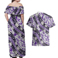 Vareau Tahiti Tiare Monstera Couples Matching Off Shoulder Maxi Dress and Hawaiian Shirt Polynesian Pattern Curve Style - Polynesian Pride