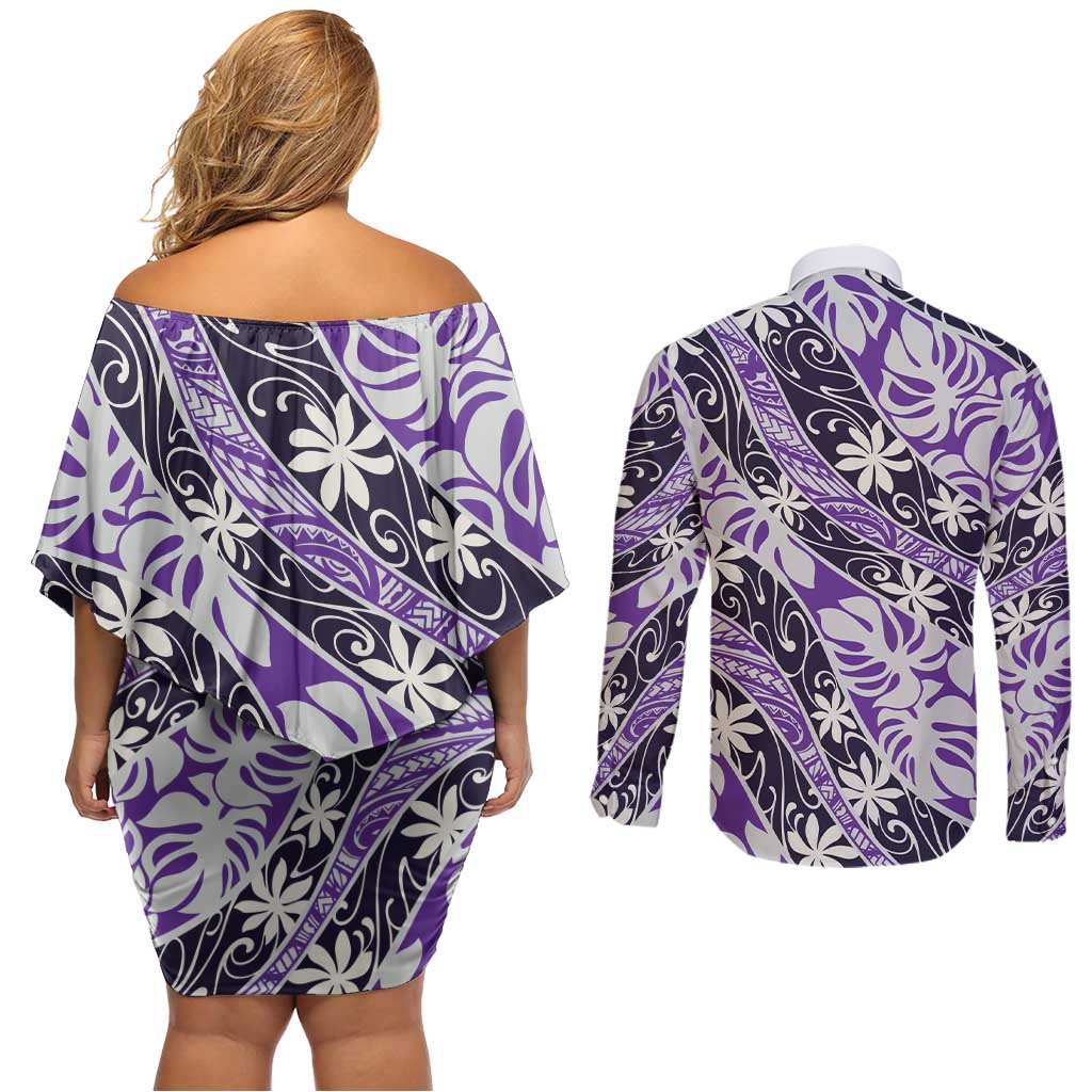 Vareau Tahiti Tiare Monstera Couples Matching Off Shoulder Short Dress and Long Sleeve Button Shirt Polynesian Pattern Curve Style - Polynesian Pride