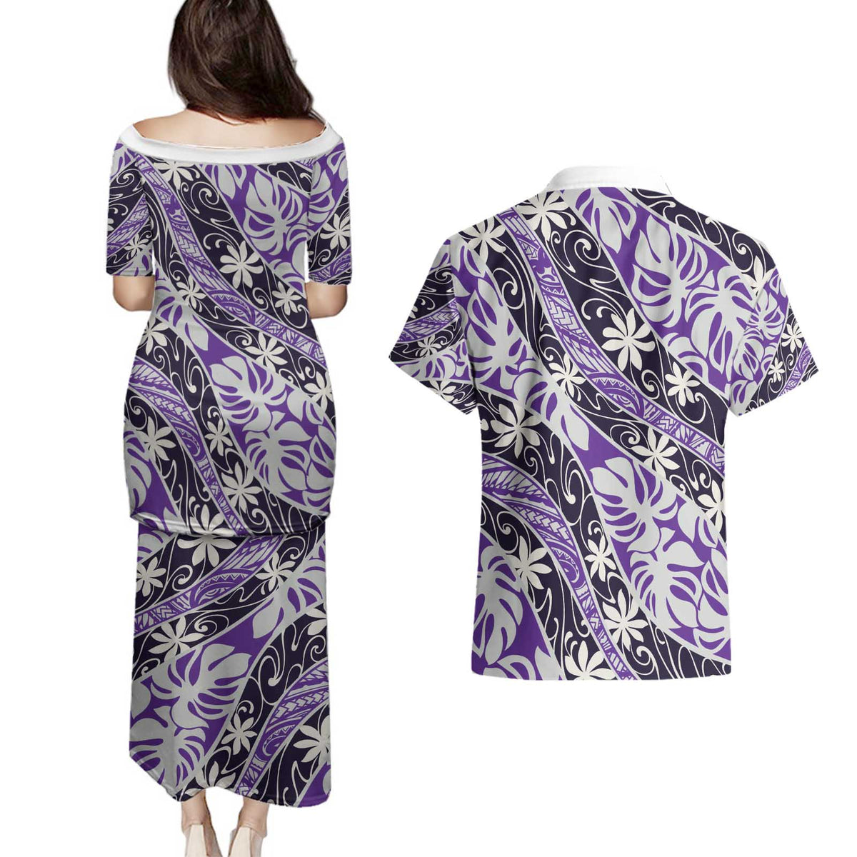 Vareau Tahiti Tiare Monstera Couples Matching Puletasi and Hawaiian Shirt Polynesian Pattern Curve Style - Polynesian Pride