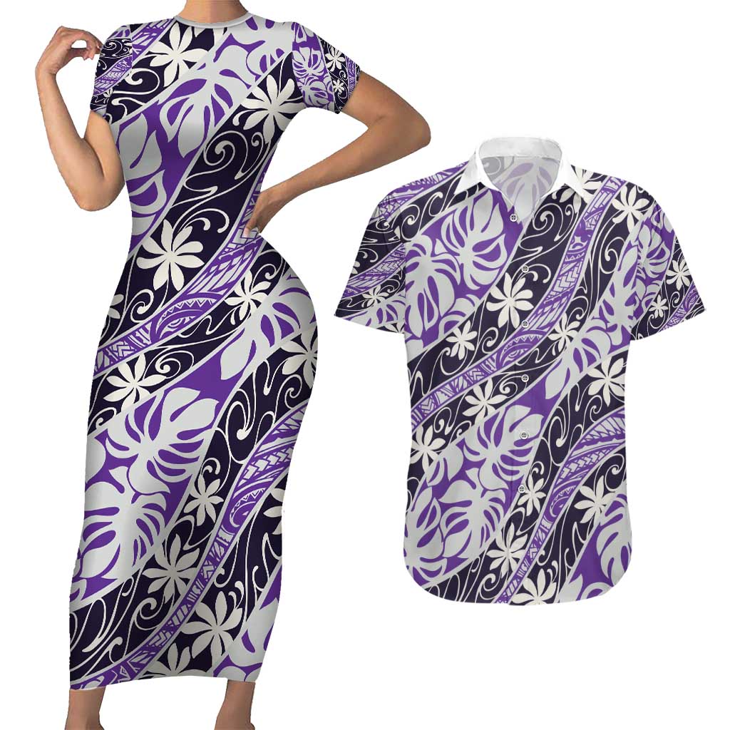 Vareau Tahiti Tiare Monstera Couples Matching Short Sleeve Bodycon Dress and Hawaiian Shirt Polynesian Pattern Curve Style - Polynesian Pride