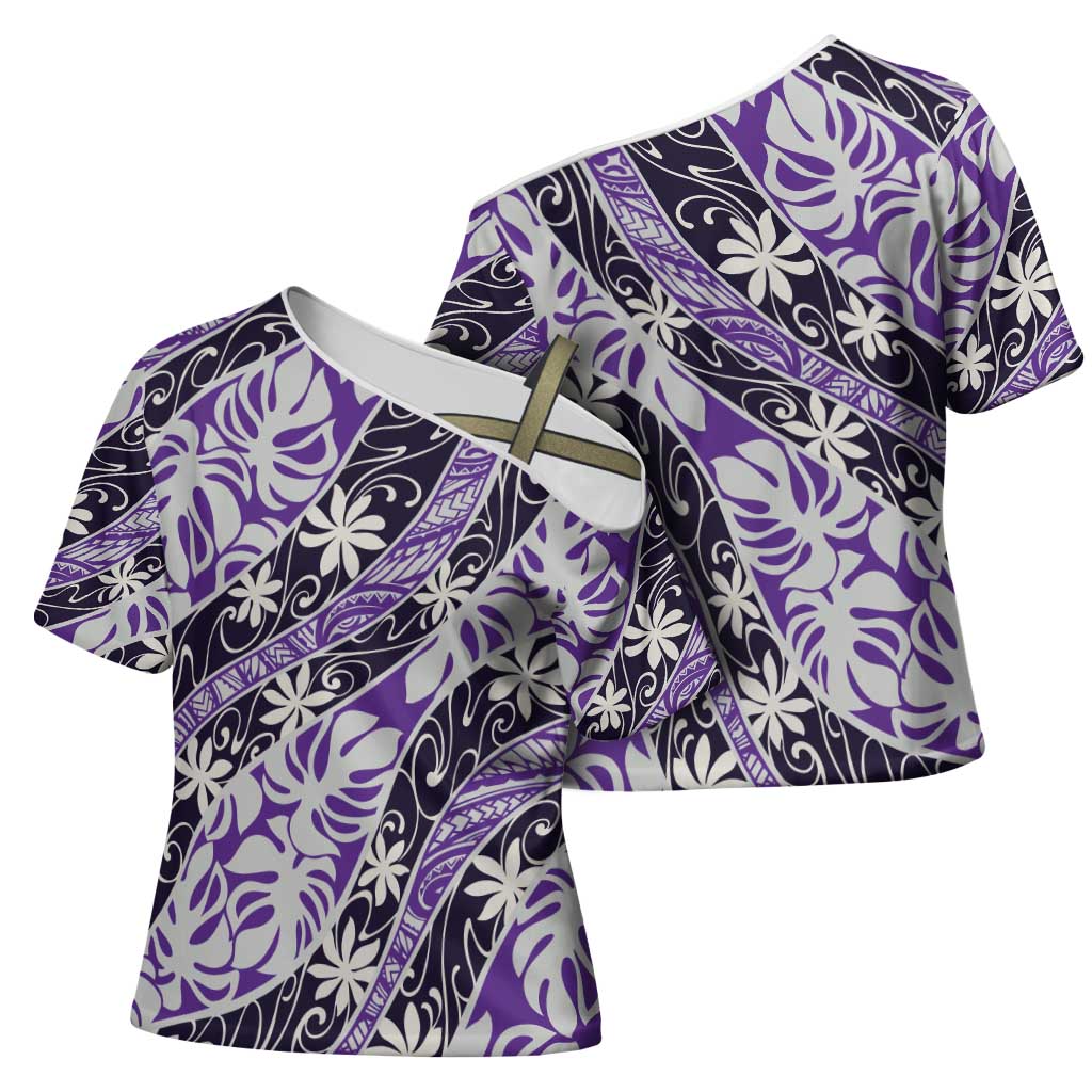 Vareau Tahiti Tiare Monstera Cross Shoulder Shirt Polynesian Pattern Curve Style - Polynesian Pride