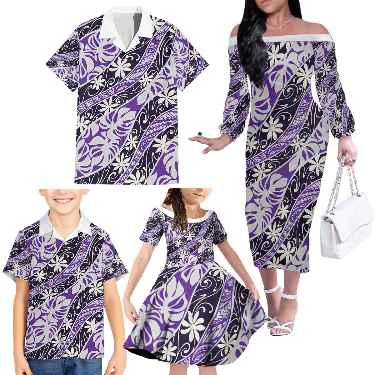 Vareau Tahiti Tiare Monstera Family Matching Off The Shoulder Long Sleeve Dress and Hawaiian Shirt Polynesian Pattern Curve Style - Polynesian Pride