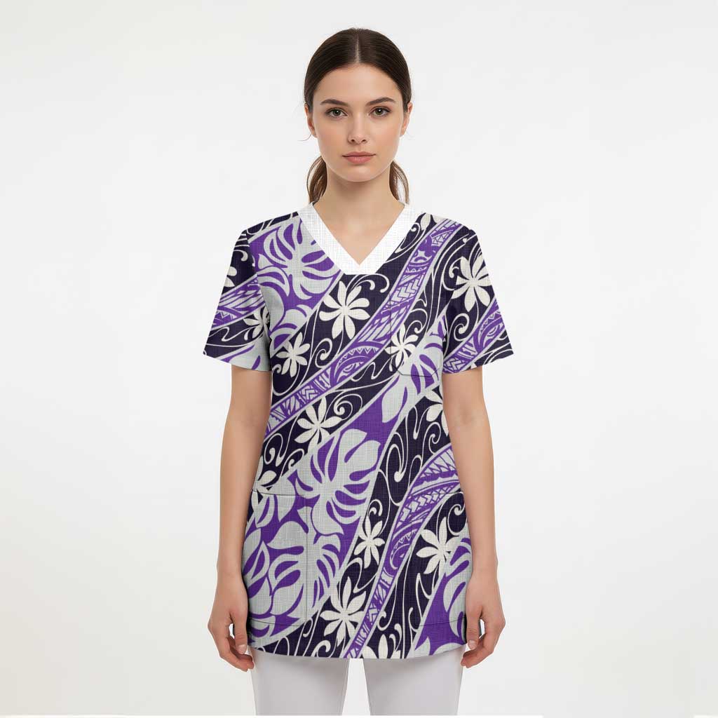 Vareau Tahiti Tiare Monstera Scrub Top Polynesian Pattern Curve Style - Polynesian Pride