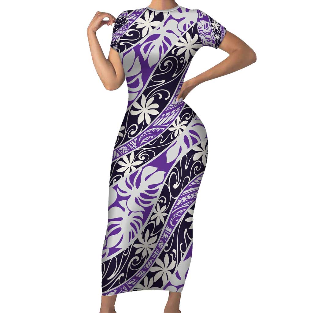 Vareau Tahiti Tiare Monstera Short Sleeve Bodycon Dress Polynesian Pattern Curve Style - Polynesian Pride