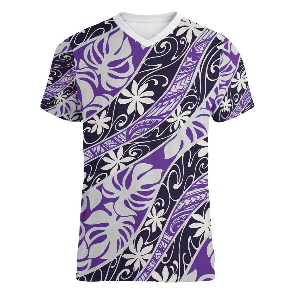 Vareau Tahiti Tiare Monstera Women V-Neck T-Shirt Polynesian Pattern Curve Style - Polynesian Pride