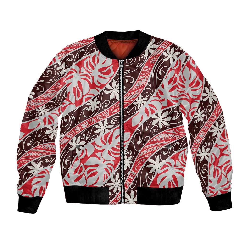 Uteute Tahiti Tiare Monstera Bomber Jacket Polynesian Pattern Curve Style - Polynesian Pride