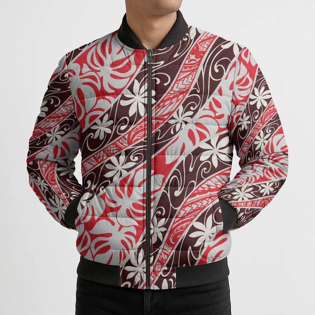 Uteute Tahiti Tiare Monstera Bomber Puffer Jacket Polynesian Pattern Curve Style - Polynesian Pride
