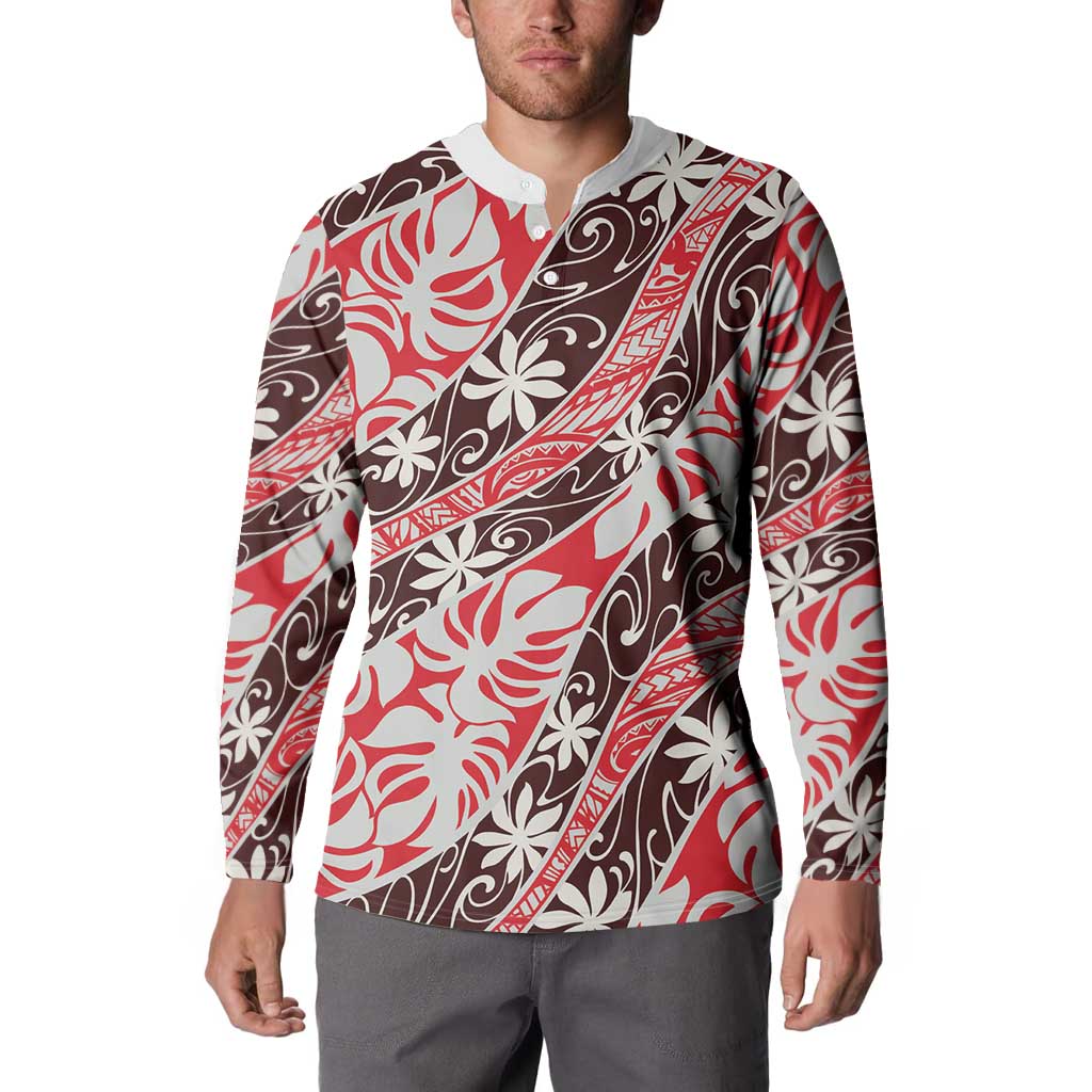 Uteute Tahiti Tiare Monstera Button Sweatshirt Polynesian Pattern Curve Style - Polynesian Pride
