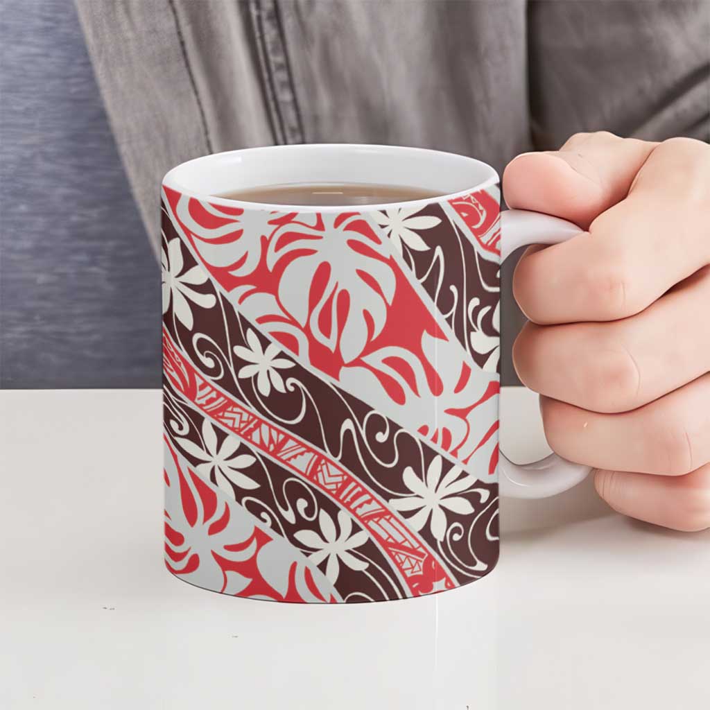 Uteute Tahiti Tiare Monstera Ceramic Mug Polynesian Pattern Curve Style - Polynesian Pride