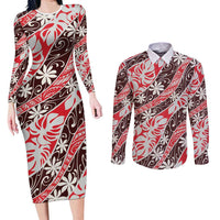 Uteute Tahiti Tiare Monstera Couples Matching Long Sleeve Bodycon Dress and Long Sleeve Button Shirt Polynesian Pattern Curve Style - Polynesian Pride