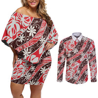 Uteute Tahiti Tiare Monstera Couples Matching Off Shoulder Short Dress and Long Sleeve Button Shirt Polynesian Pattern Curve Style - Polynesian Pride