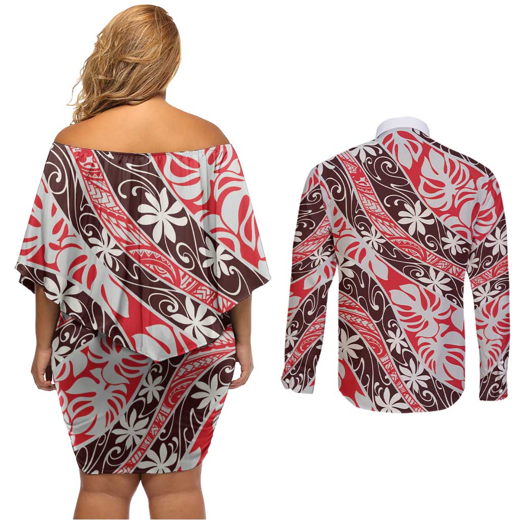 Uteute Tahiti Tiare Monstera Couples Matching Off Shoulder Short Dress and Long Sleeve Button Shirt Polynesian Pattern Curve Style - Polynesian Pride