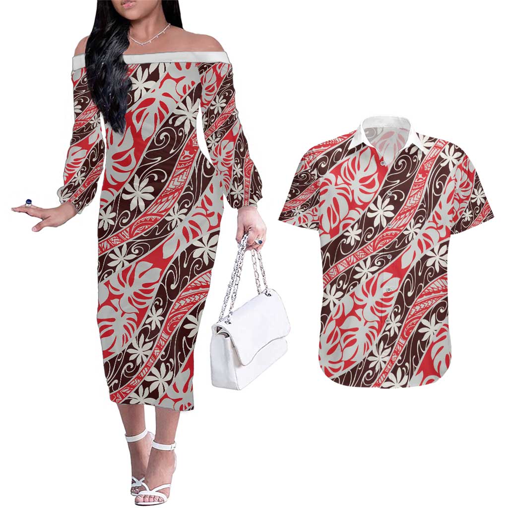 Uteute Tahiti Tiare Monstera Couples Matching Off The Shoulder Long Sleeve Dress and Hawaiian Shirt Polynesian Pattern Curve Style - Polynesian Pride