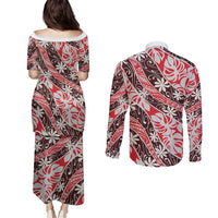 Uteute Tahiti Tiare Monstera Couples Matching Puletasi and Long Sleeve Button Shirt Polynesian Pattern Curve Style - Polynesian Pride