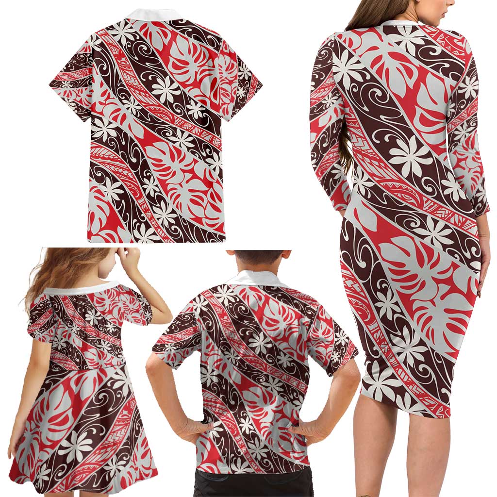 Uteute Tahiti Tiare Monstera Family Matching Long Sleeve Bodycon Dress and Hawaiian Shirt Polynesian Pattern Curve Style - Polynesian Pride