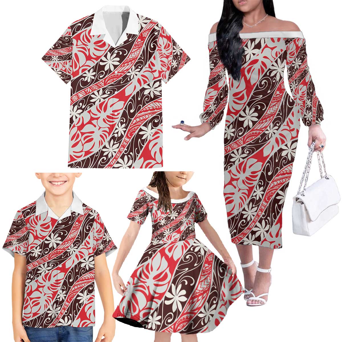 Uteute Tahiti Tiare Monstera Family Matching Off The Shoulder Long Sleeve Dress and Hawaiian Shirt Polynesian Pattern Curve Style - Polynesian Pride
