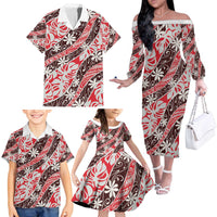 Uteute Tahiti Tiare Monstera Family Matching Off The Shoulder Long Sleeve Dress and Hawaiian Shirt Polynesian Pattern Curve Style - Polynesian Pride
