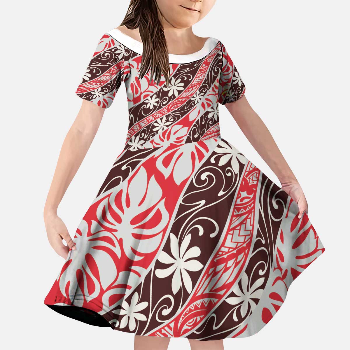Uteute Tahiti Tiare Monstera Kid Short Sleeve Dress Polynesian Pattern Curve Style - Polynesian Pride