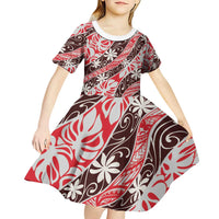 Uteute Tahiti Tiare Monstera Kid Short Sleeve Dress Polynesian Pattern Curve Style - Polynesian Pride