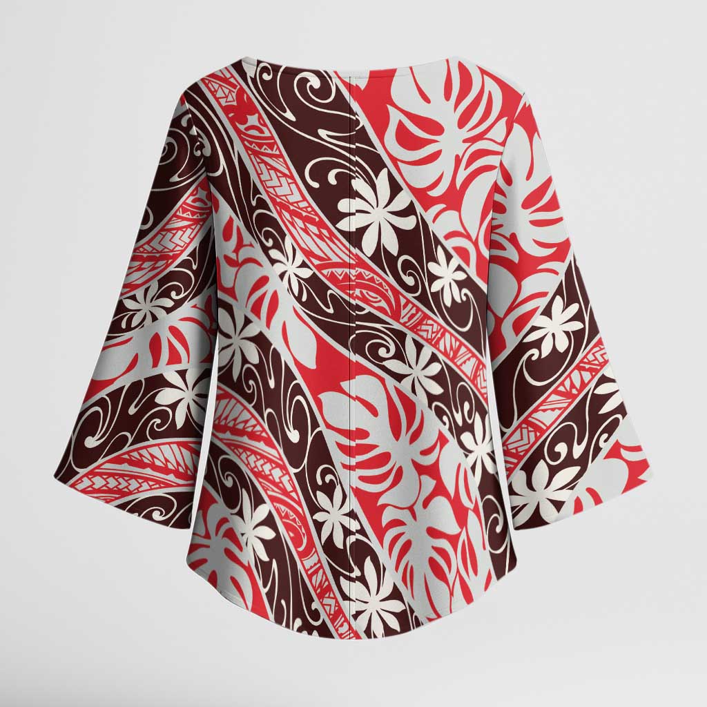 Uteute Tahiti Tiare Monstera Kimono Sleeve Blouse Polynesian Pattern Curve Style - Polynesian Pride