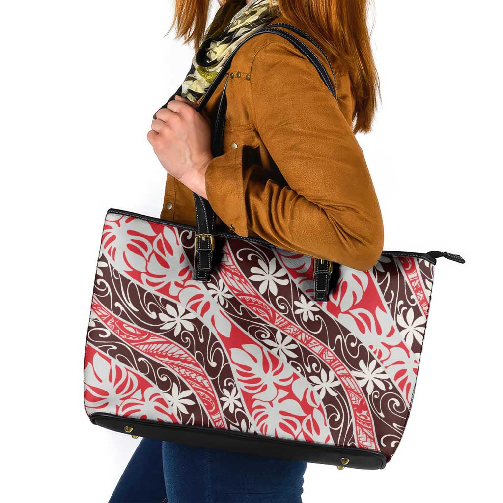 Uteute Tahiti Tiare Monstera Leather Tote Bag Polynesian Pattern Curve Style - Polynesian Pride