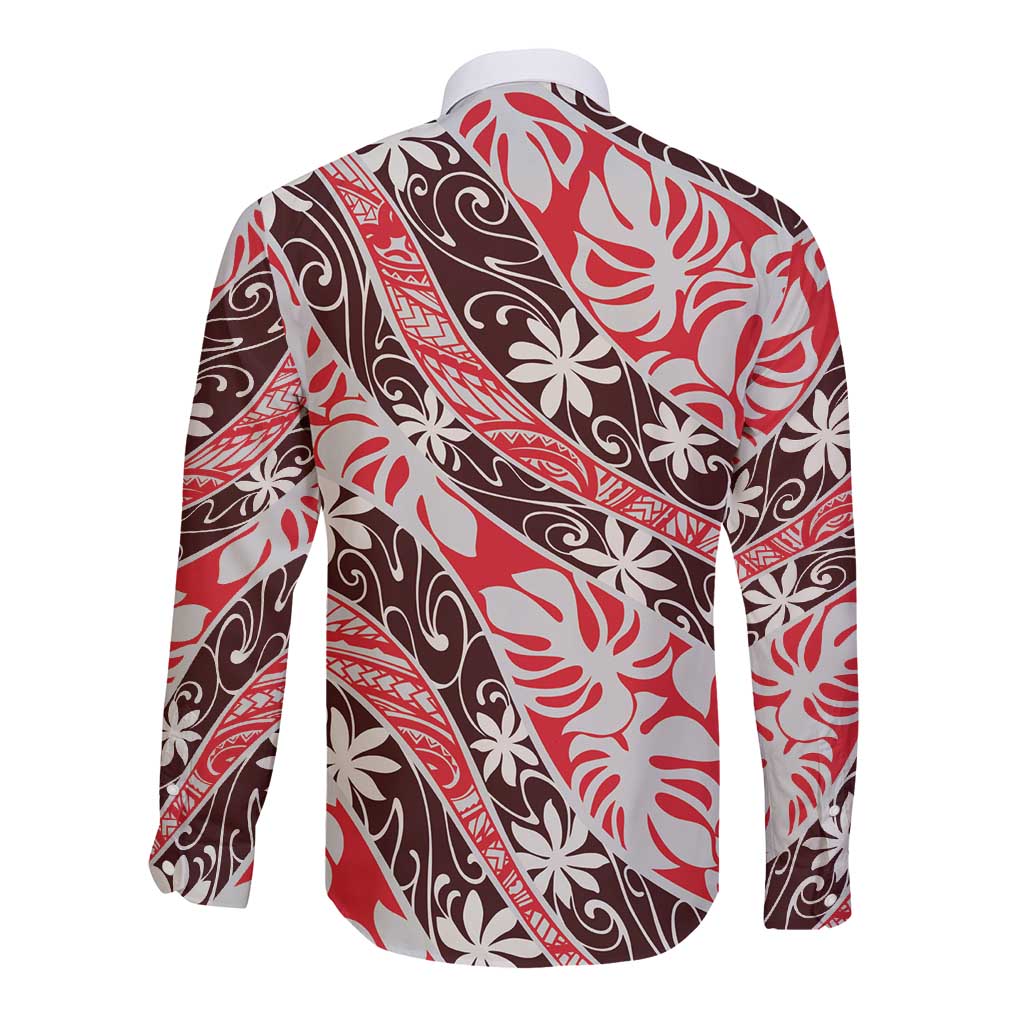 Uteute Tahiti Tiare Monstera Long Sleeve Button Shirt Polynesian Pattern Curve Style - Polynesian Pride