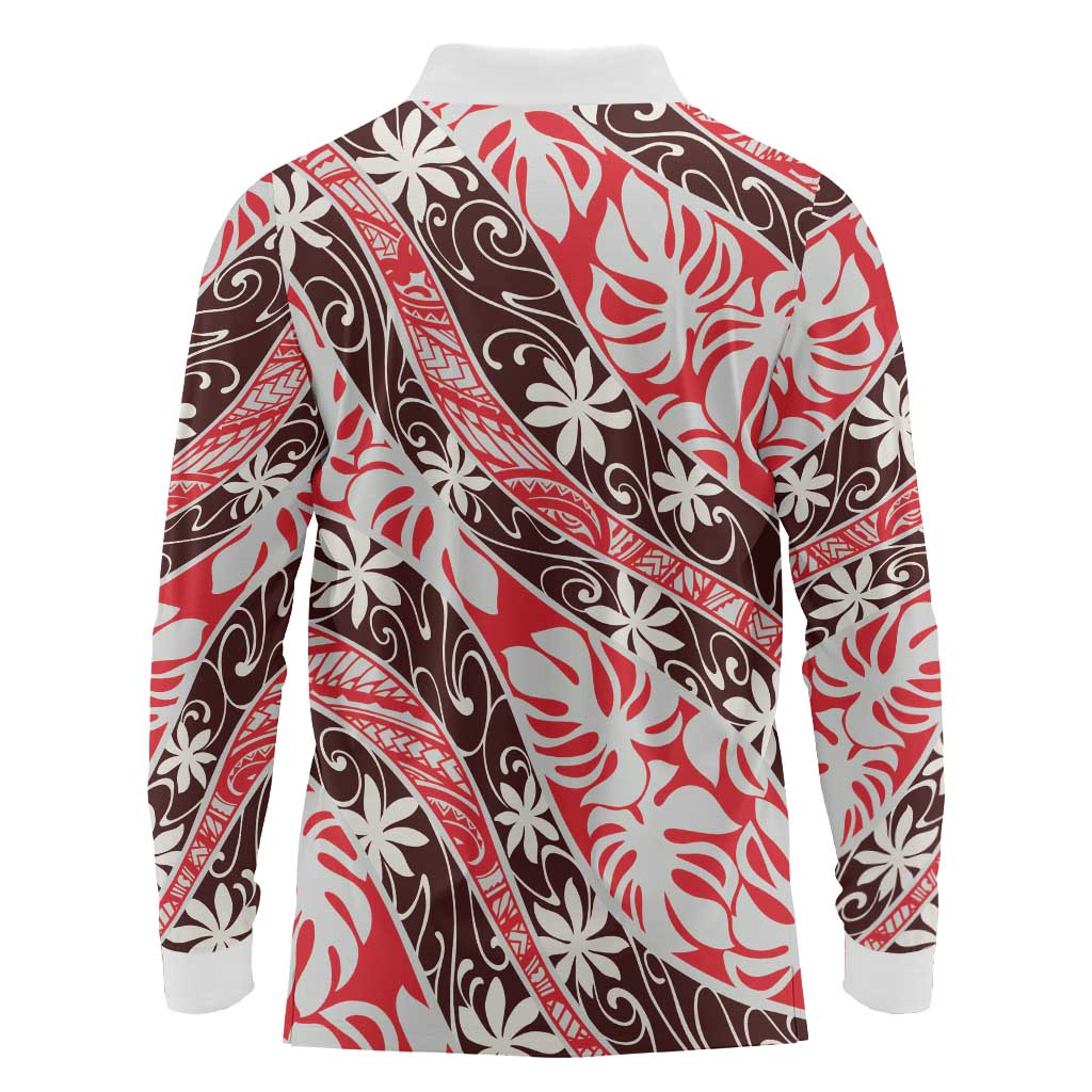 Uteute Tahiti Tiare Monstera Long Sleeve Polo Shirt Polynesian Pattern Curve Style - Polynesian Pride