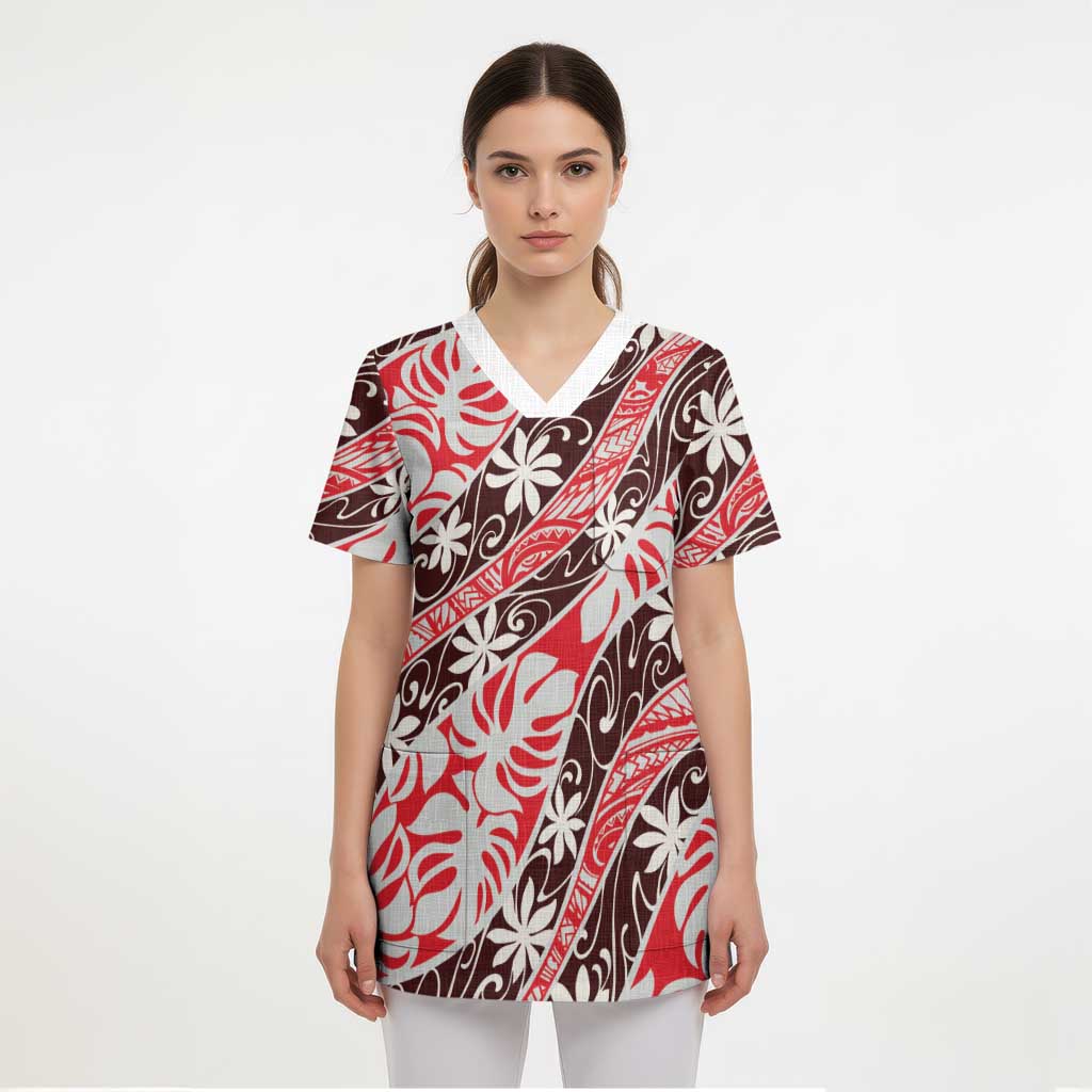 Uteute Tahiti Tiare Monstera Scrub Top Polynesian Pattern Curve Style - Polynesian Pride
